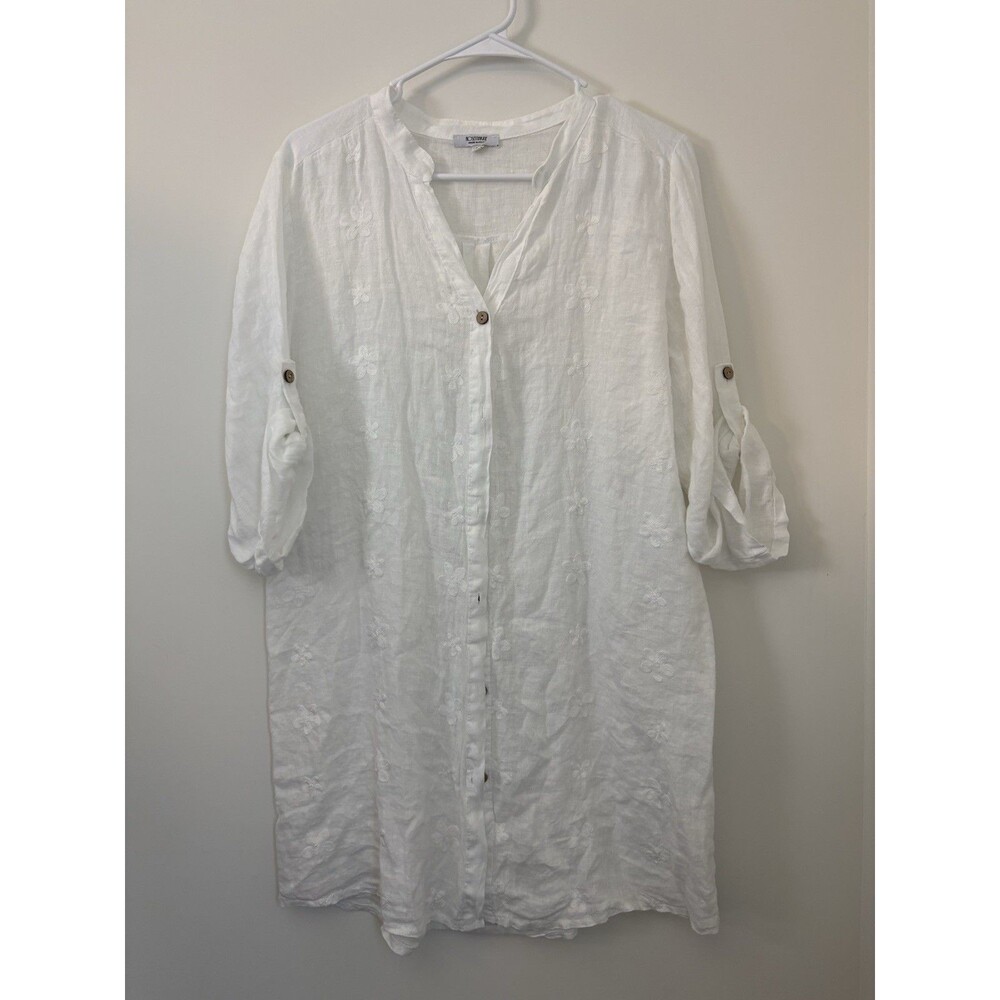 Rosemarine Shirt Dress 100% Linen Medium Embroidered Button Up  Italy 3/4 Sleeve